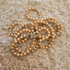 Vintage 60" Creamy Pearl Necklace Rhinestone & Pearl Clasp